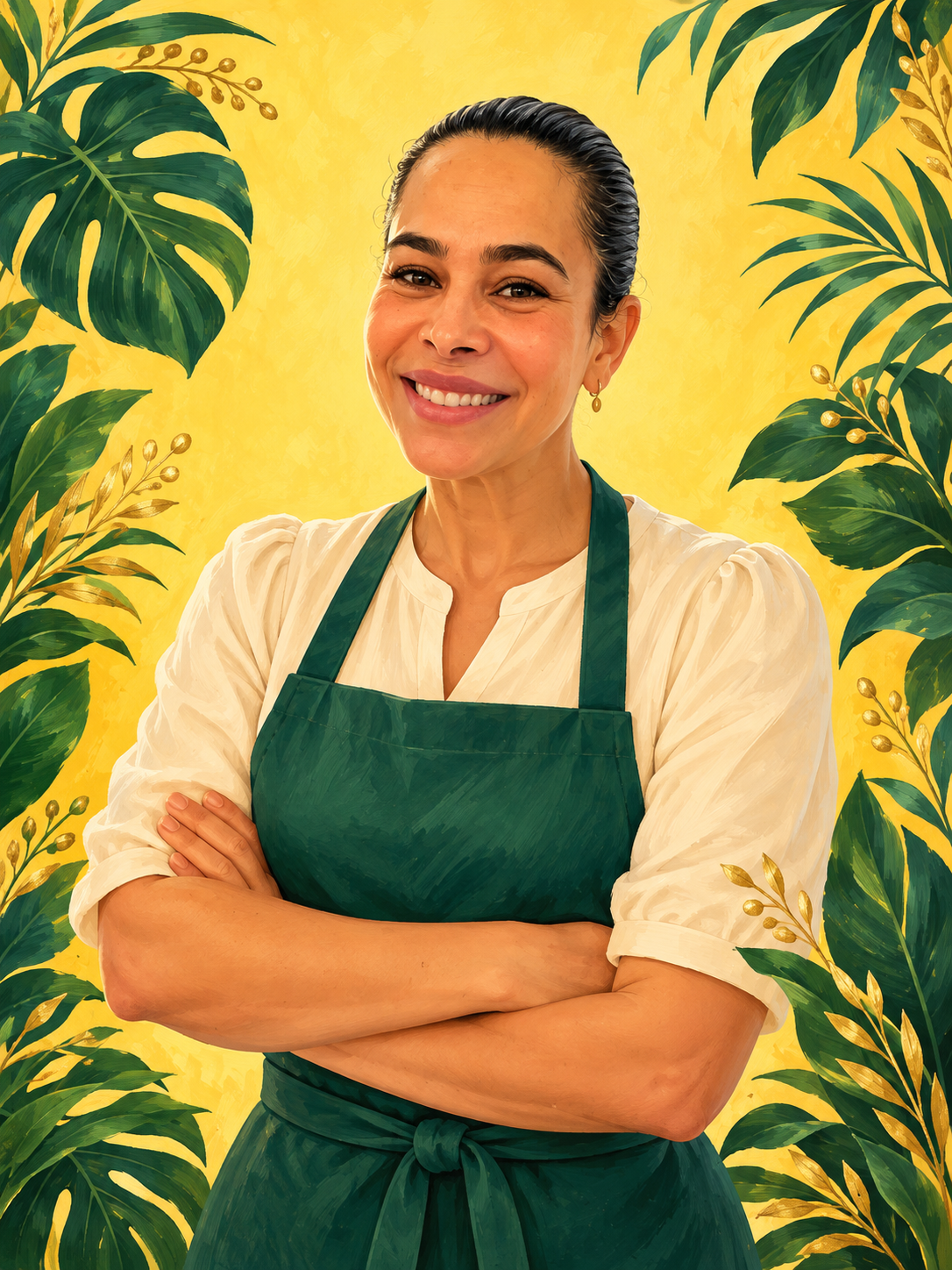 A warm illustrated portrait of Marcia, smiling in a green apron